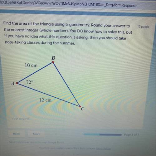Find the area of the triangle using trigonometry Show work !!!