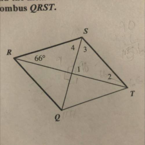 Find the measures of the numbered angles in rhombus QRST