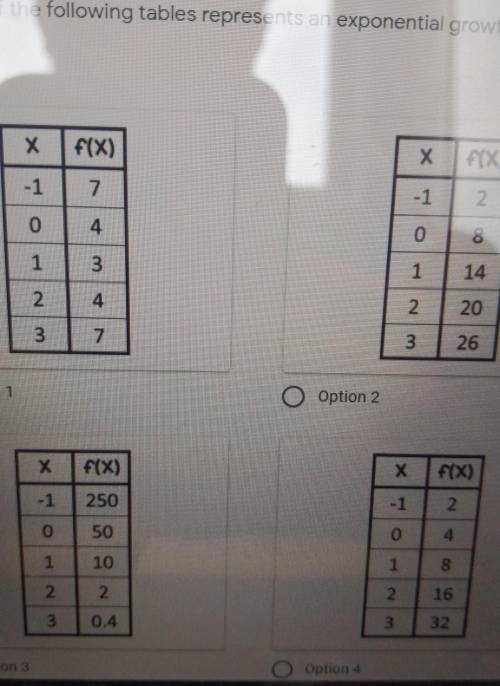 #2: Which of the following tables represents an exponential growth function? *

please hurry thank