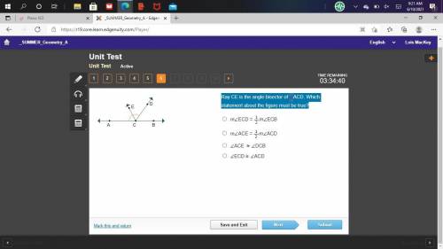 Ray CE is the angle bisector of AngleACD. Which statement about the figure must be true?