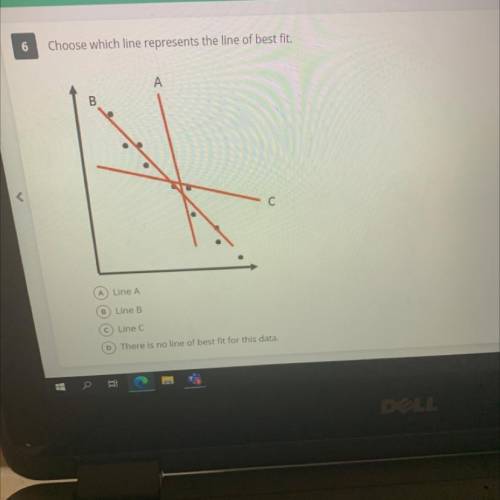 Choose which line represents the line of best fit.

A
B
С
A Line A
B Line B
C Line C
D
There is no