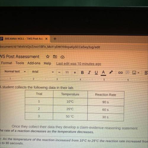 8. A student collects the following data in their lab.

Trial
Temperature
Reaction Rate
Once they