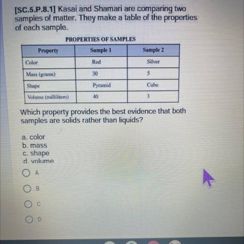 PLEASE HELP ME
a. color
b. mass
c. shape
d. volume