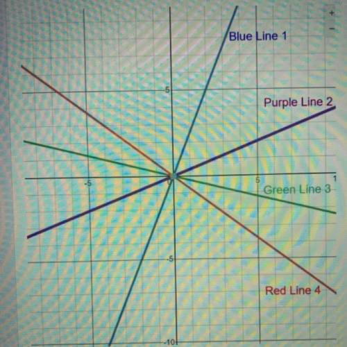 Which line is the correct graph for y = -3/4x

A/ blue line
B/ purple line
C/ green line
D/ red li
