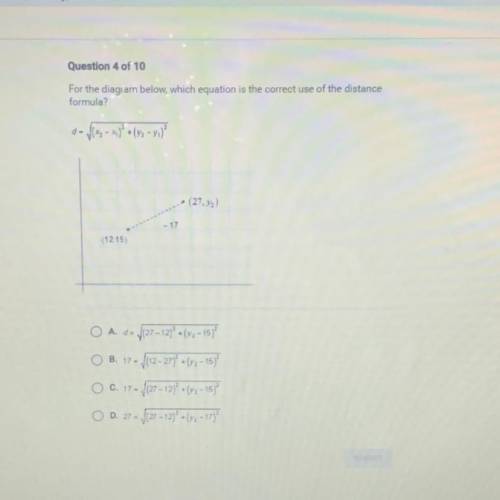 For the diagram below which equation is the correct use for the distance formula ?