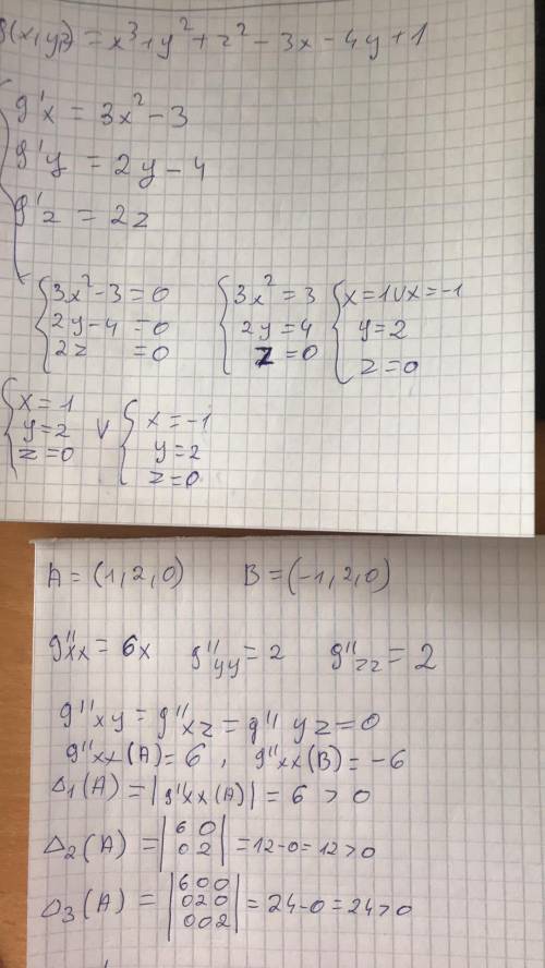 Wyznaczyć ekstrema lokalne funkcji

g(x,y,z)=x^3+y^2+z^2-3x-4y+1
Zaczełam zadanie, ale dalej nie w