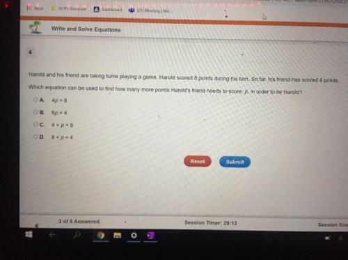 Help me out on this question

Is it 
A. 4p=8
B. 8p=4
C. 4+p=8
D. 8+p=4 
(Extra points)
I will mark