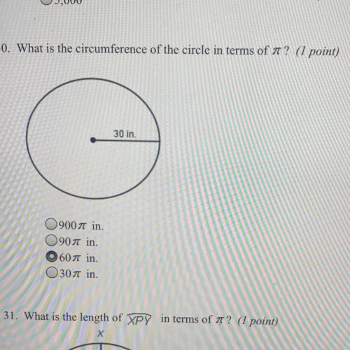 What is the circumference of the circle in terms of pi 30 in?
