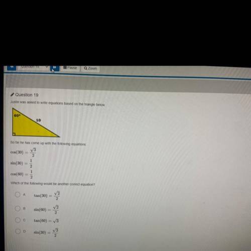 Justin was asked to write equations based on the triangle below. So far he has come up with the fol