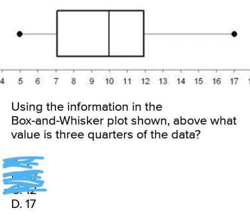 Using the information in the Box-and-Whisker plot shown, below what value is three quarters of the d