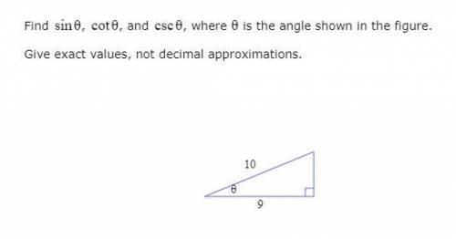 Find sin θ, cot θ, and csc θ, where θ is the angle shown in the figure.

Give exact values, not de