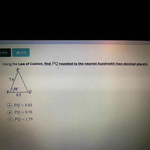 Using the Law of Cosines, find PQ rounded to the nearest hundredth (two decimal places).

P.
7.4
5