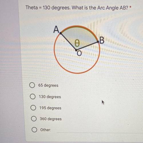 Theta=130 degrees. What is the Arc Angle AB?