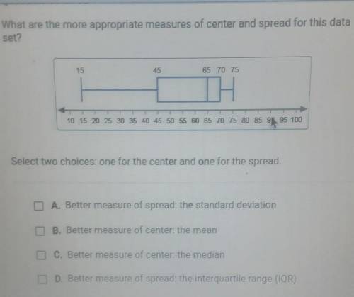 What are the more appropriate measures of center and spread for this data set?

Select two choices