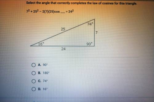 Trigonometry, Law of Cosines.

Select the angle that correctly completes the law of cosines for th