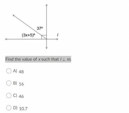 Find the value of x such that l ⊥ m.