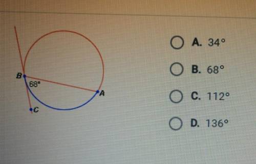 If the measure of ABC is 68°, what is the measure of arc AB?​ (the blue line)