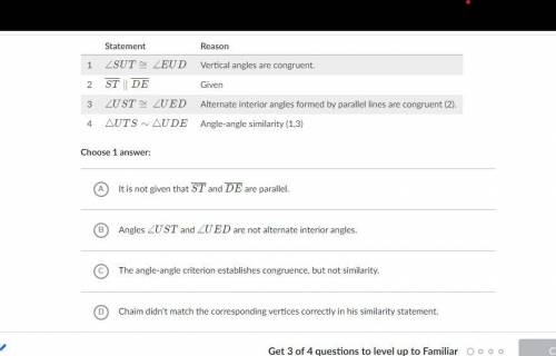 Chaim tried to prove that \triangle UTS \sim \triangle UDE△UTS∼△UDEtriangle, U, T, S, \sim, triangl