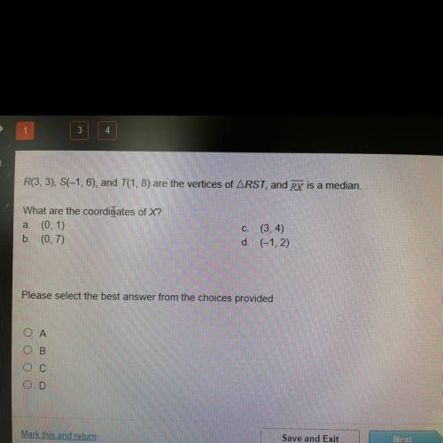 R(3,3), s(-1,6), t(1,8), are the vertices of RST, and RX is a median

What are the coordinates of