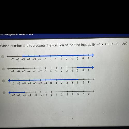 Which number line represents the solution set for the inequality -4(x + 3) S-2 – 2x?

-7 -6 -5 -4