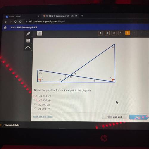 Name 2 angles that form a linear pair in the diagram.

24 and 25
27 and 29
22 and 23
and 22
Mark t