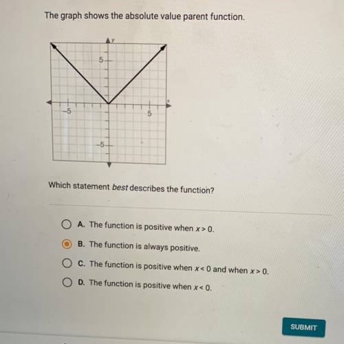 The graph shows the absolute value parent function. Which statement best describes the function?