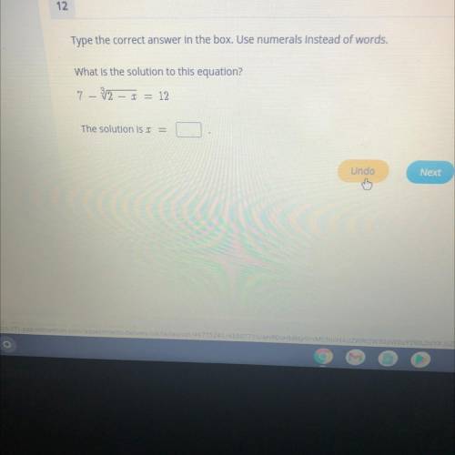 Type the correct answer in the box. Use numerals instead of words.

What is the solution to this e