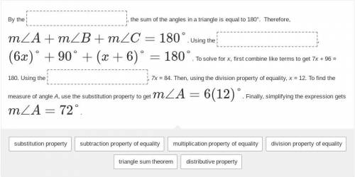 Drag an answer to each box to complete this paragraph proof.

Given: Triangle ABC 
Prove: m∠A=72°