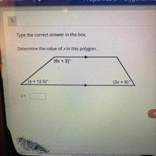 Determine the value of x in this polygon.
(6x + 3)
(x + 12.5)°
(2x + 8)