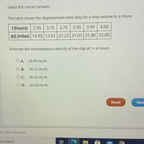 The table shows the displacement-time data for a ship relative to a shore.

t(hours) 2.95 3.15 3.7