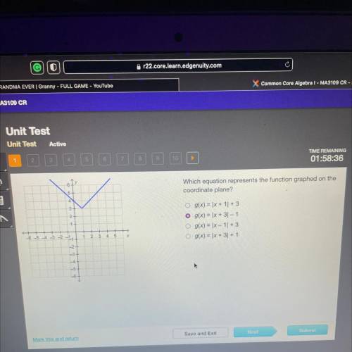 On 0

Which equation represents the function graphed on the
coordinate plane?
3
2
1+
O g(x) = 5x +