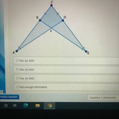 Are triangles ADC and EBC congruent?

Yes, by SSS
Yes, by AAS
Yes, by SAS
Not enough information