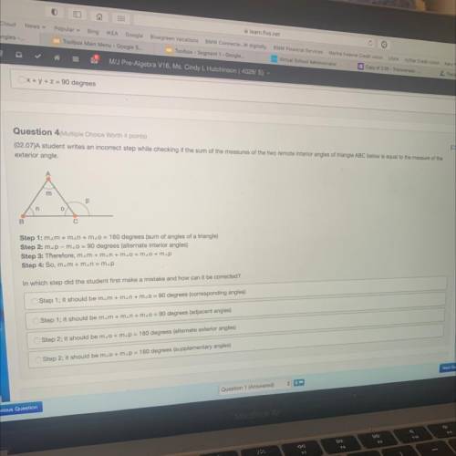 HELP ASAP PLS. a student write a an incorrect step while checking if the sum of the measures of the