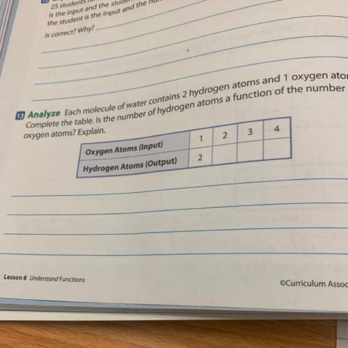 3 Analyze Each molecule of water contains 2 hydrogen atoms and 1 oxygen atom.

Complete the table.