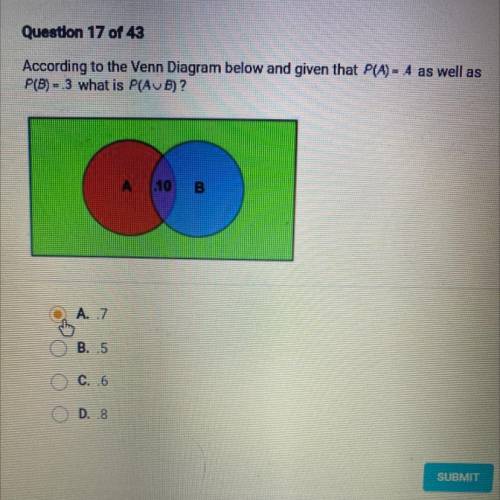 According to the Venn Diagram below and given that P(A) = .4 as well as

P(B) = .3 what is P(AUB)?