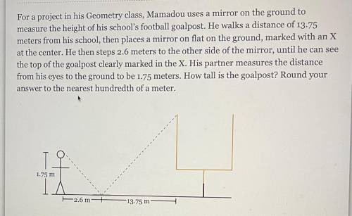 For a project in his Geometry class, Mamadou uses a mirror on the ground to measure the height of h