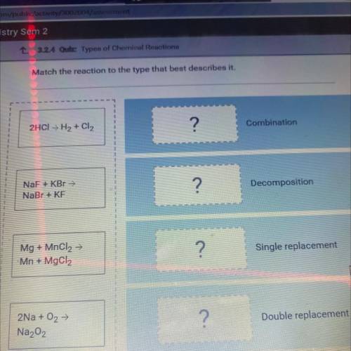 Match the reaction to the type that best describes it.

2HCl → H2 + Cl2
?
Combination
NaF + KBr →