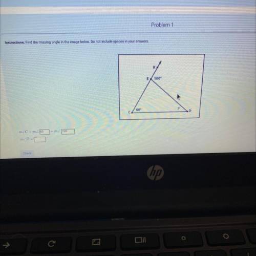 Instructions: Problem 1 ! Find the missing angle in the image below. Do not include spaces in your