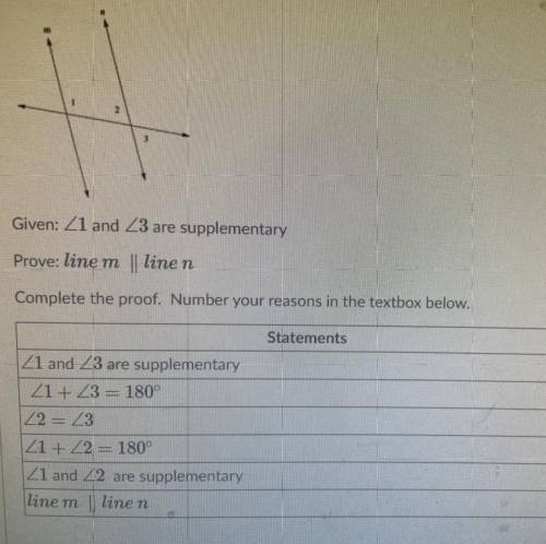 Given <1 and <3 are supplementary

Prove:line M is parallel to Line N
What are the reasons ?