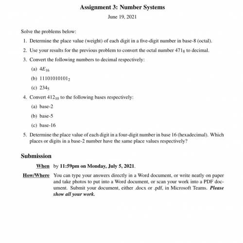 1. Determine the place value (weight) of each digit in a five-digit number in base-8 (octal).

2.