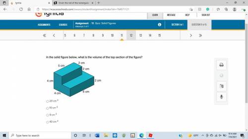 In the solid figure below, what is the volume of the top section of the figure?