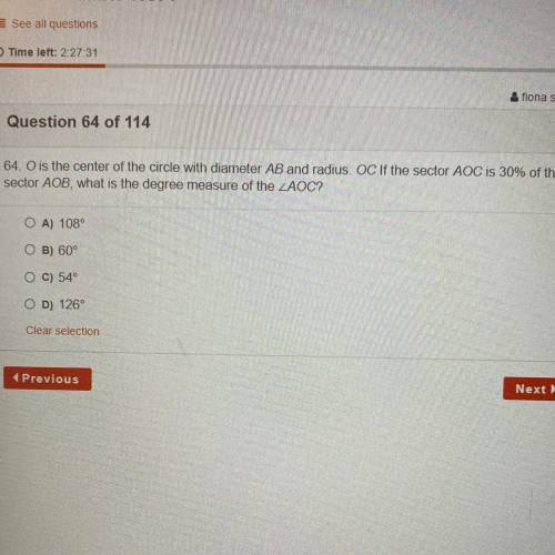 64. O is the center of the circle with diameter AB and radius. OC If the sector AOC is 30% of the