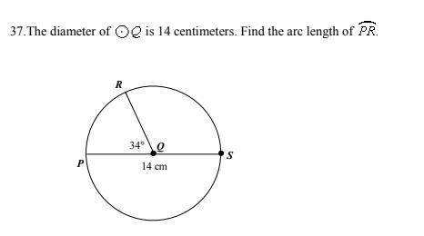 The diameter of circle Q is 14 cm. Find the arc length of PR.