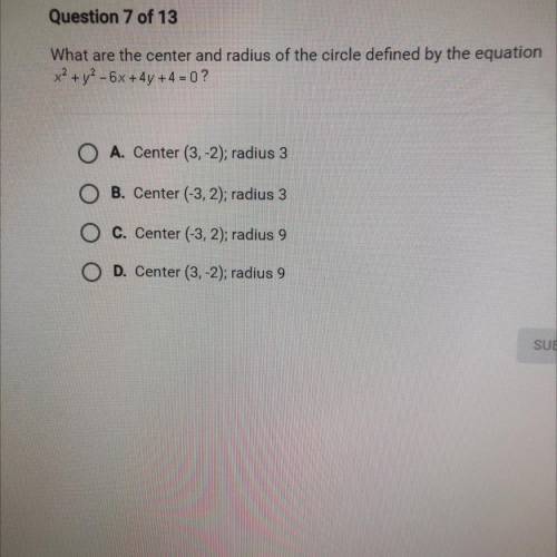 What are the center and radius of the circle defined by the equation
x2 + y2 - 6x +4y+4 -0 ?