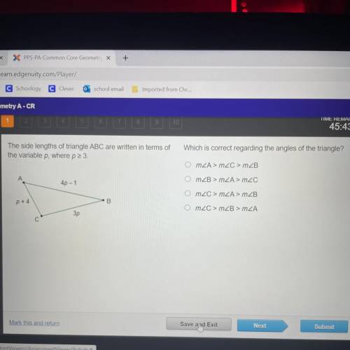 The side lengths of triangle ABC are written in terms of the variable p, where p greater then or eq