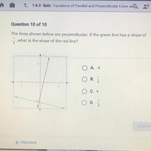 if the lines shown below are perpendicular if the green line has a slope of -1/4 what is the slippe