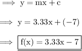 \rm\implies y = mx + c \\\\\rm\implies y = 3.33x + (-7) \\\\\rm\implies\underline{\boxed{\rm\blue{f(x) = 3.33x - 7 }}}