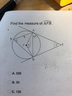 Using 2 tangents that form a triangle. Find arc APB.