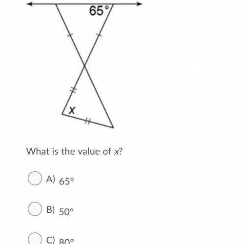 What is the value of x?
OA) 65°
B) 50°
OC) 80°
OD) 90°