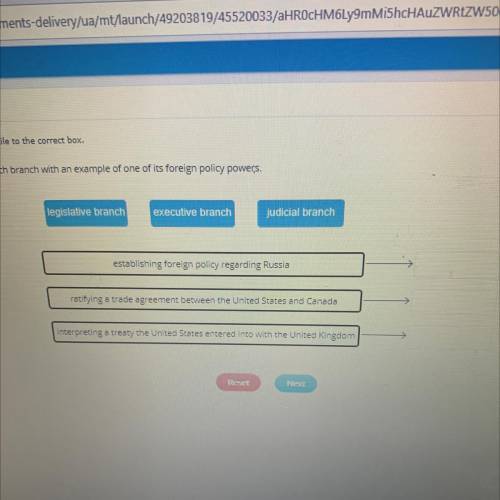 Drag each tile to the correct box.

Match each branch with an example of one of its foreign policy